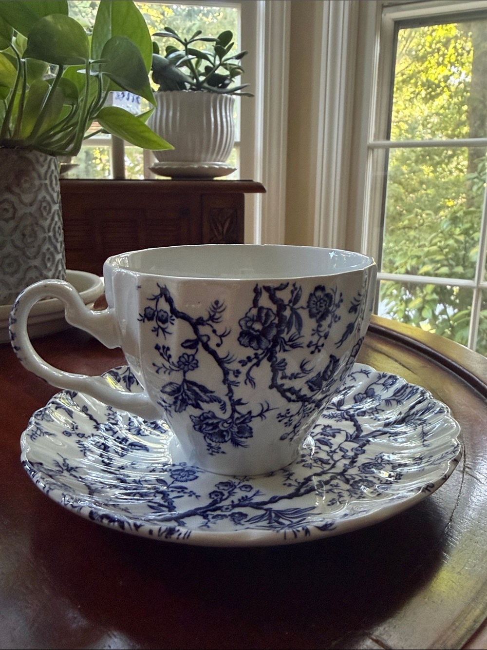 Johnson Bros Old Bradbury Blue and White Floral Teacup & Saucer